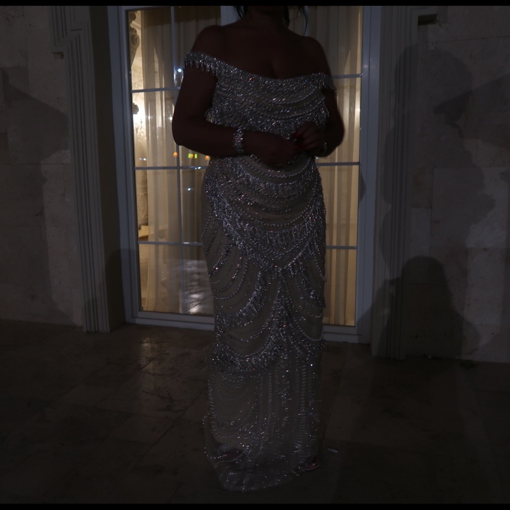 Elegant Silver Beige Couture Off Shoulder Sequin Gown